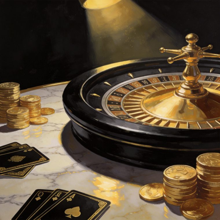 Golden roulette wheel with stacks of coins, Rollbit casino atmosphere